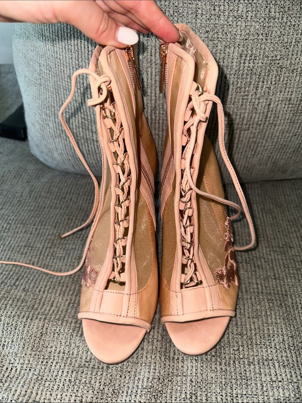 Gianni Bini Lace-Up Peep Toe Heels in Blush Pink